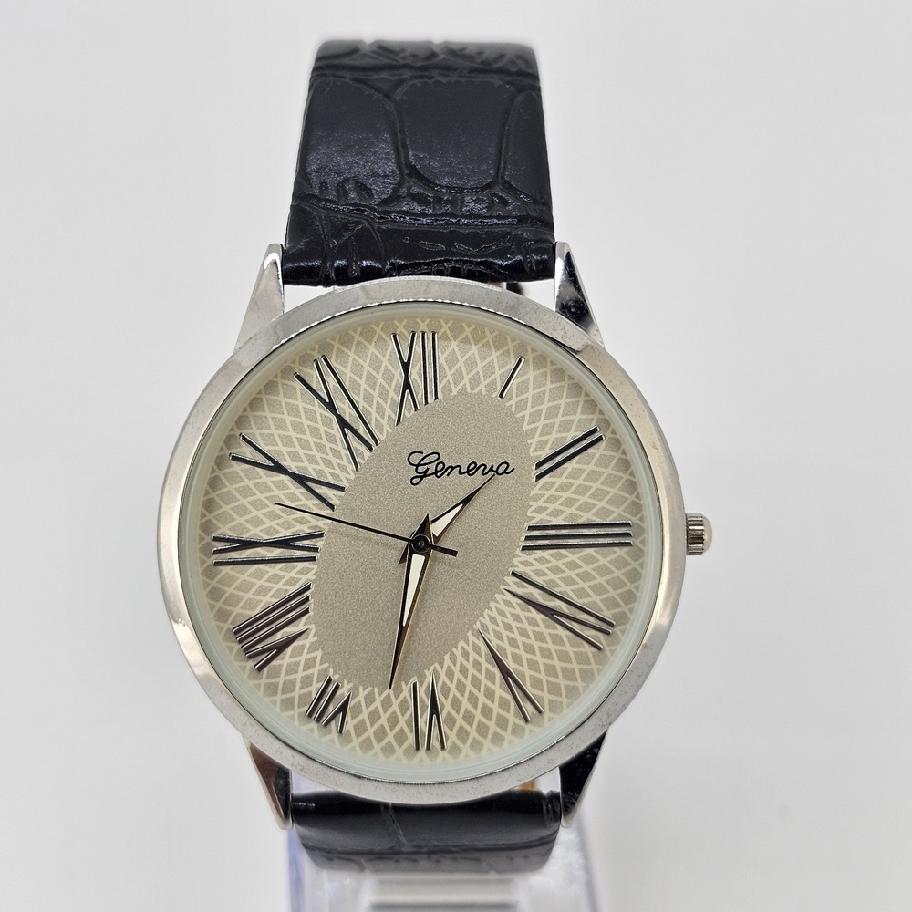 42MM Men's Watch Roman Numerals Tan Dial Black Leather Bands New Battery